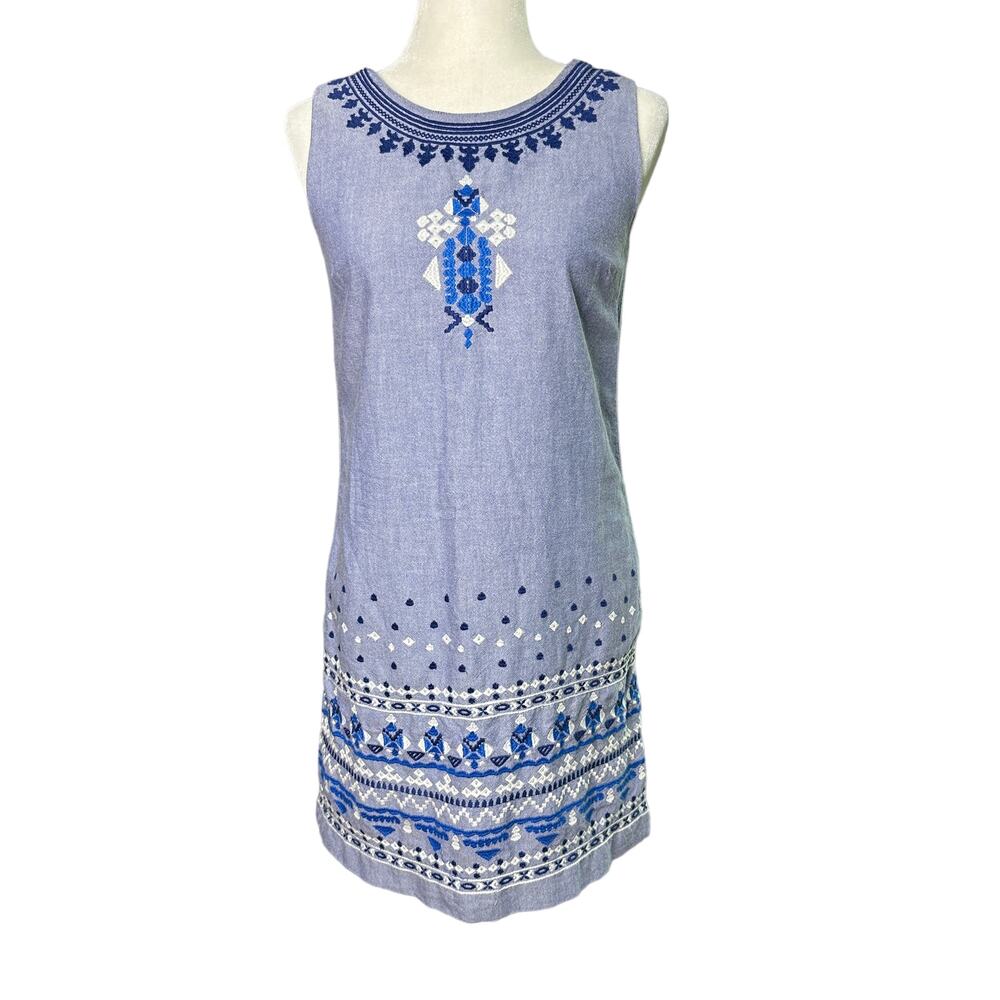 VINEYARD VINES Womens 0 Light Blue Embroidered Chambray Sleeveless Shift Dress